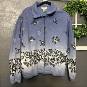 Teddi Blue floral rose Fleece vintage zip up collared Jacket women's XL